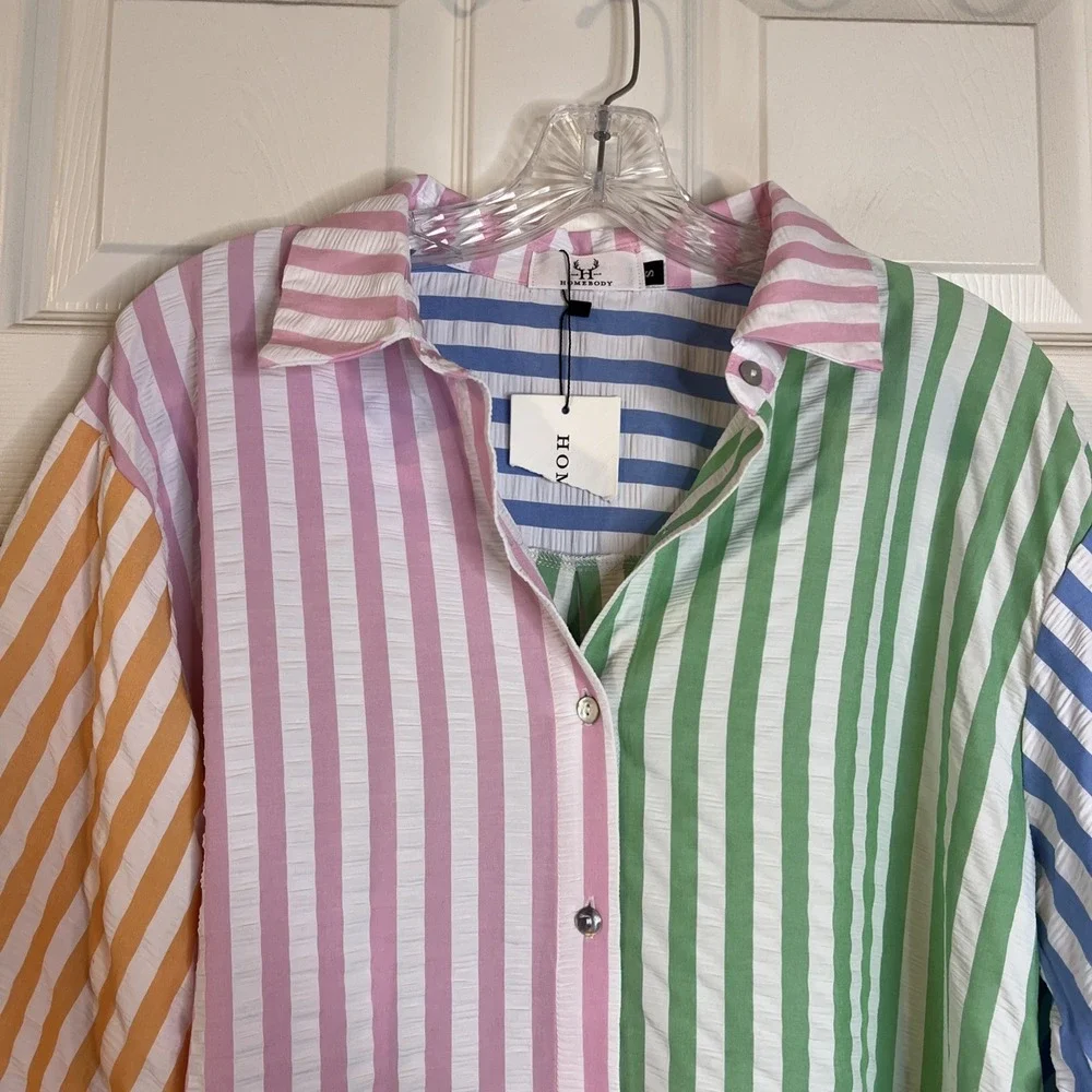 NWT Homebody Seersucker Colorblock Striped Puff LongSleeve  Button Up Sz Small - Picture 4 of 8